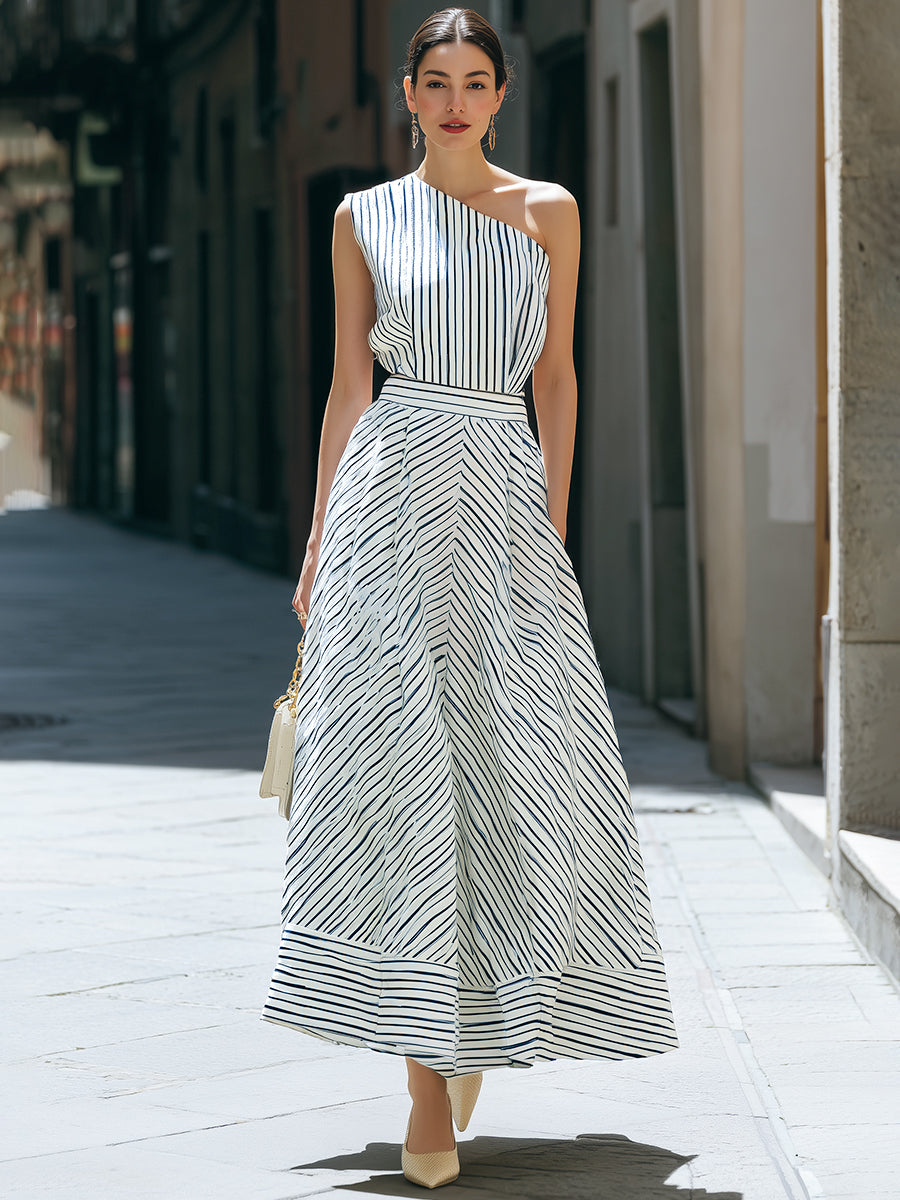 Anna-Berg | One-Shoulder Striped Pleated Dress