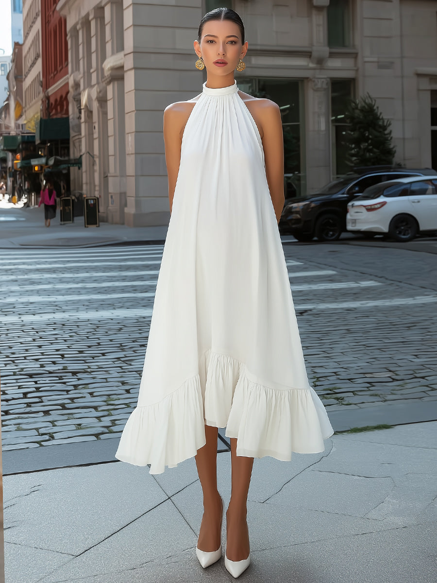 Anna-Berg | Pleated Halter Neck Flowing Asymmetric Dress