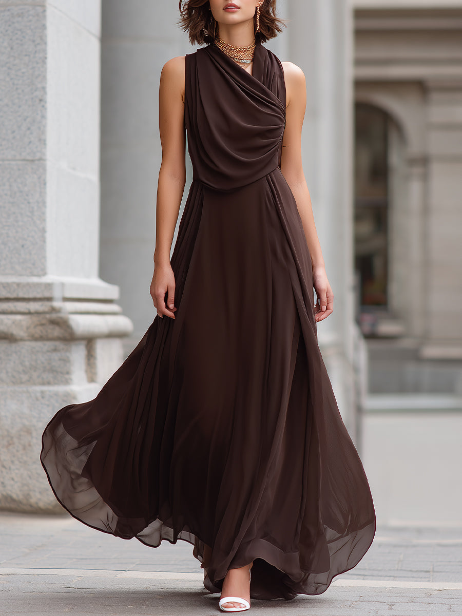 Anna-Berg | Elegant Brown Draped Cowl Neck Dress