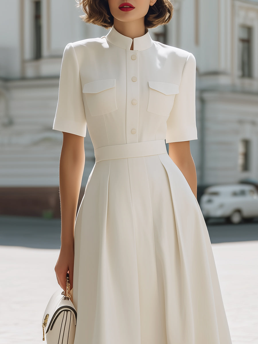 Anna-Berg | White Stand Collar Button-Down Belted Dress