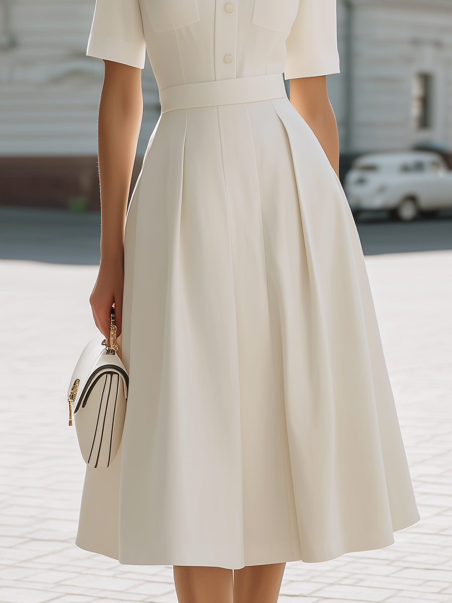 Anna-Berg | White Stand Collar Button-Down Belted Dress