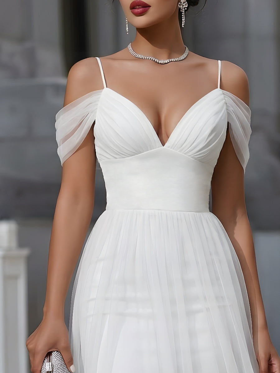Anna-Berg | Off-Shoulder Sheer Overlay Pleated Dress