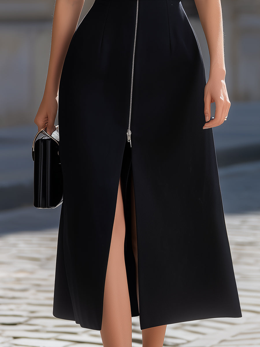 Anna-Berg | Black Square Neck Sleeveless Belted Dress