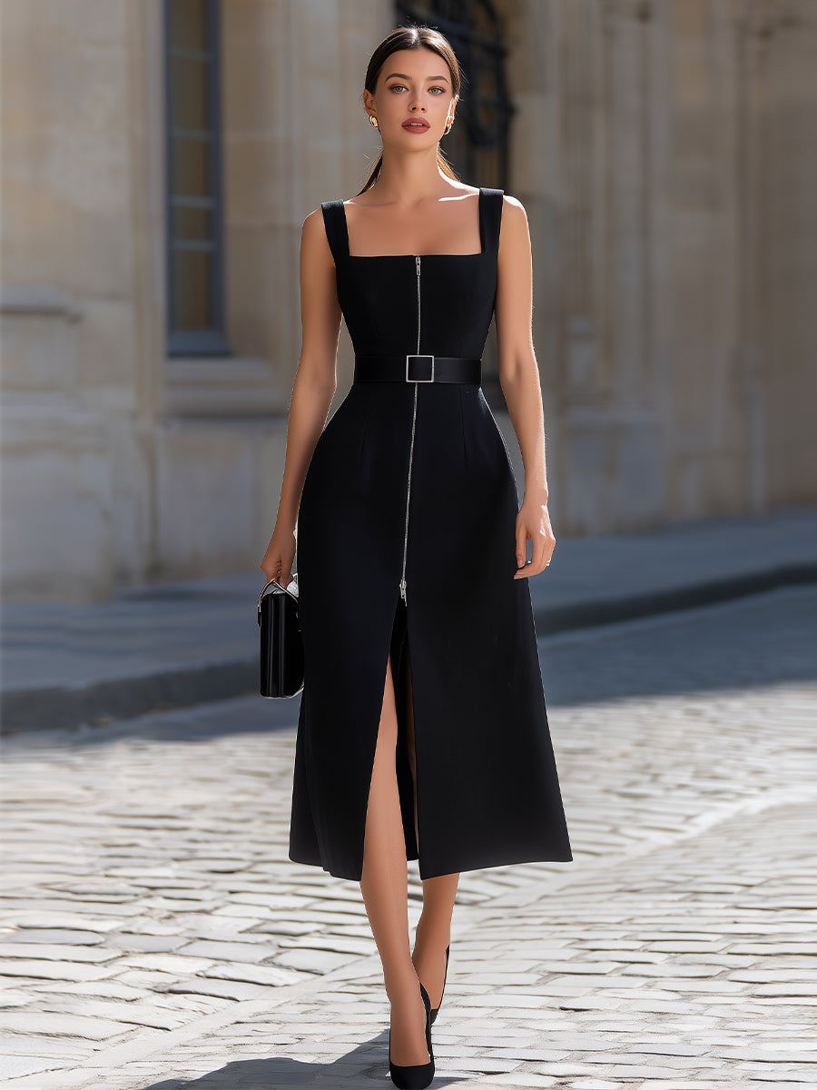 Anna-Berg | Black Square Neck Sleeveless Belted Dress