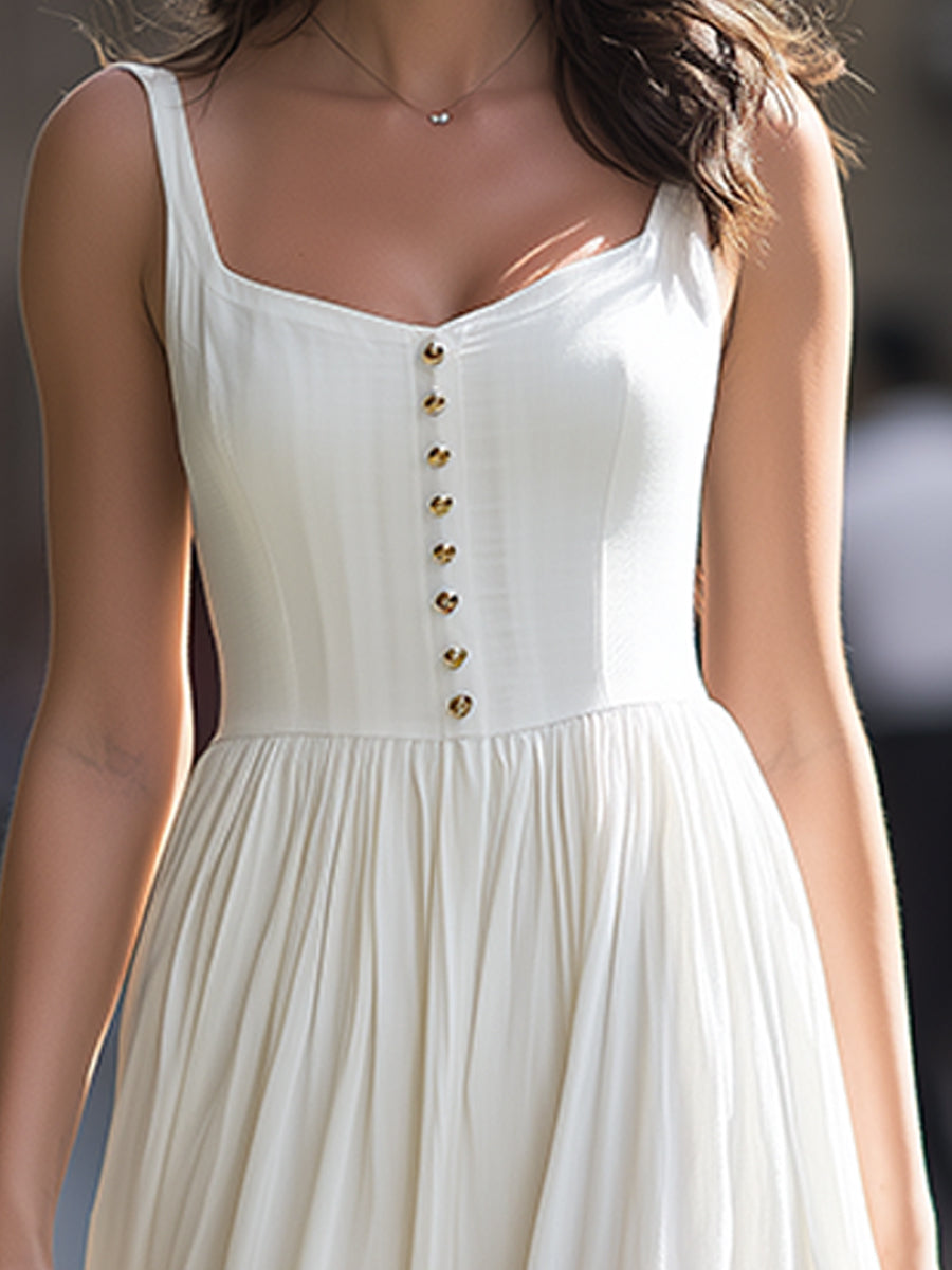 Anna-Berg | Square-Neck Button-Front Gathered Dress