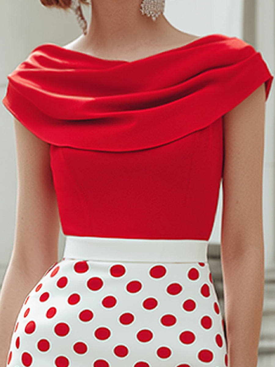 Anna-Berg | Off-Shoulder Draped Bodice Polka Dot Pencil Midi Dress