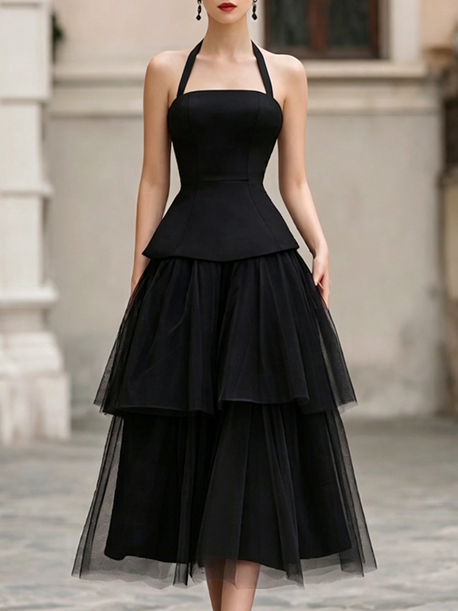 Anna-Berg | Halter Neck Structured Tiered Tulle Midi Dress
