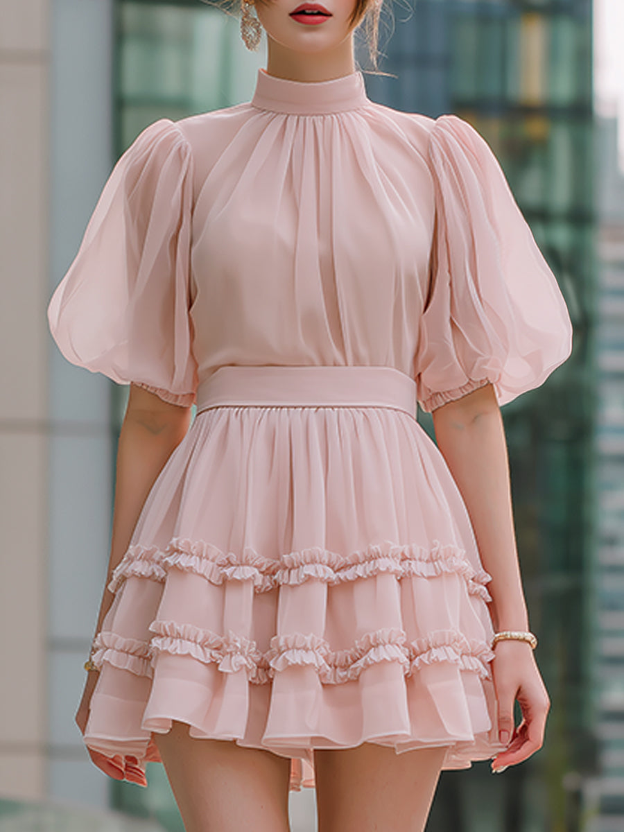 Anna-Berg | High Neck Puff Sleeve Tiered Ruffle Mini Dress