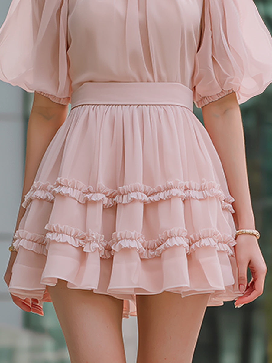 Anna-Berg | High Neck Puff Sleeve Tiered Ruffle Mini Dress