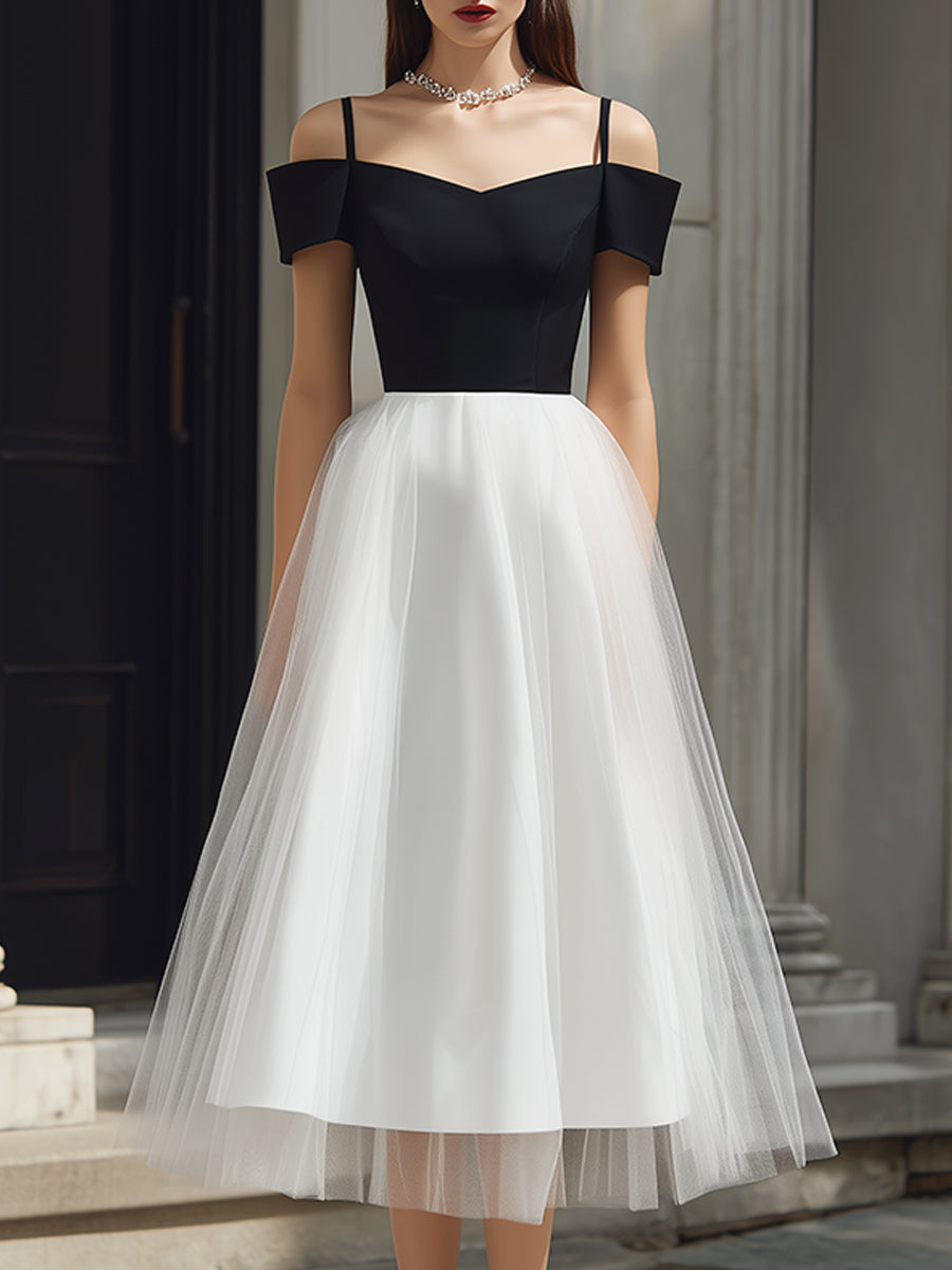 Anna-Berg | Off-Shoulder Strap Detail Tulle A-Line Midi Dress