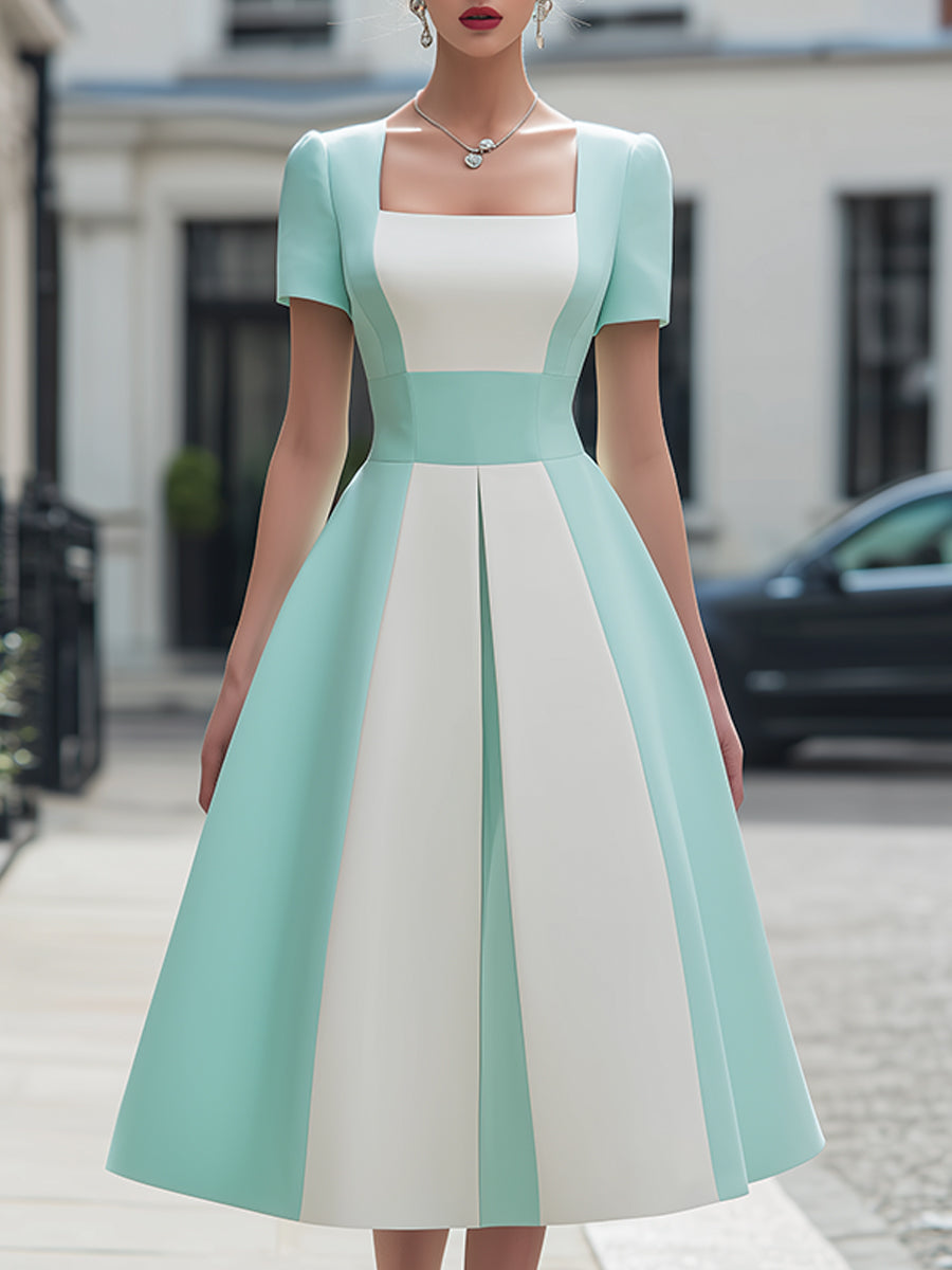 Anna-Berg | Square Neck Contrast Panel Structured A-Line Midi Dress
