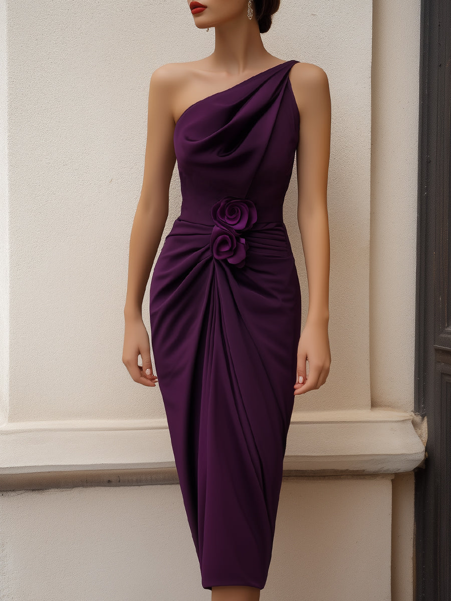 Anna-Berg | One-Shoulder Draped Floral Accent Midi Dress