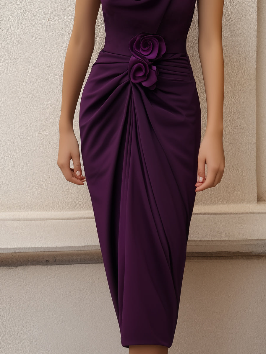 Anna-Berg | One-Shoulder Draped Floral Accent Midi Dress