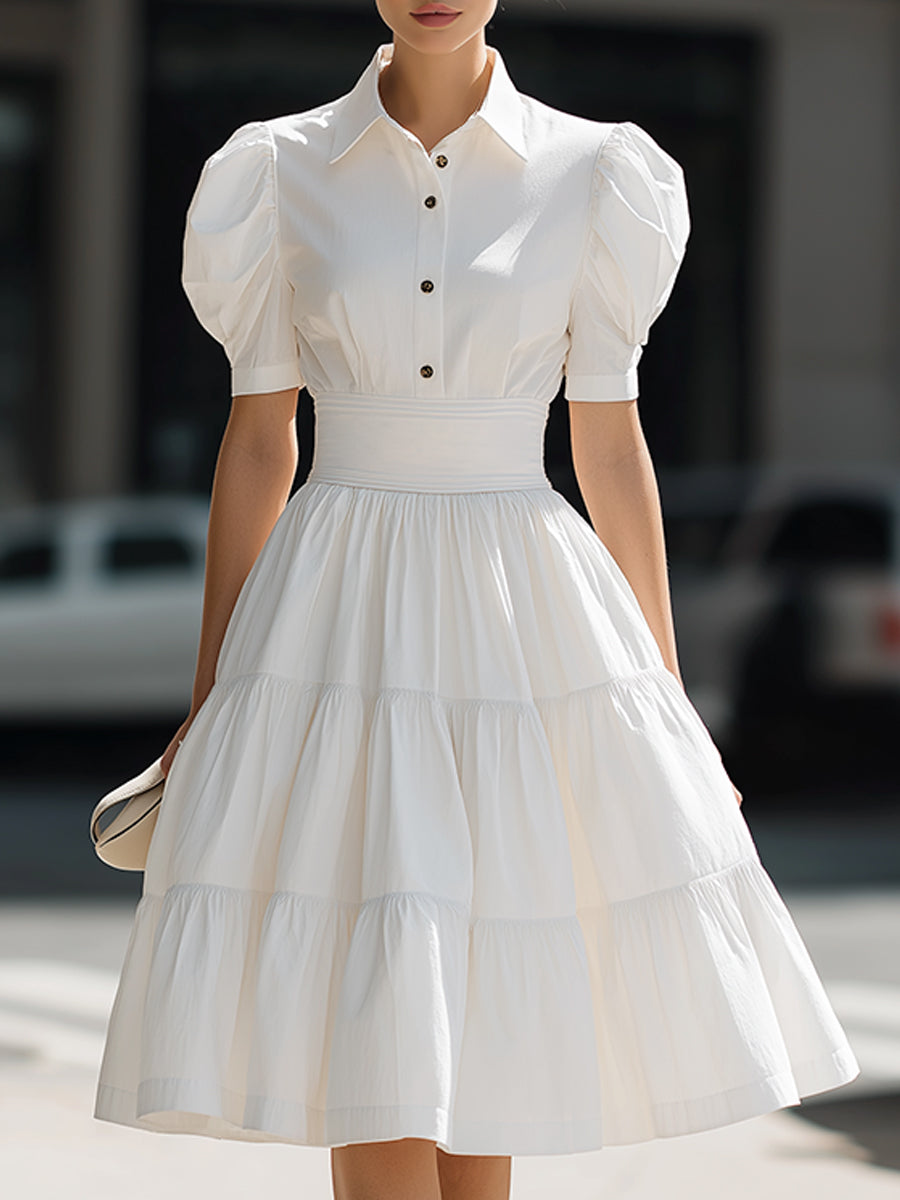 Anna-Berg | Puff Sleeve Button-Front Tiered A-Line Mini Dress
