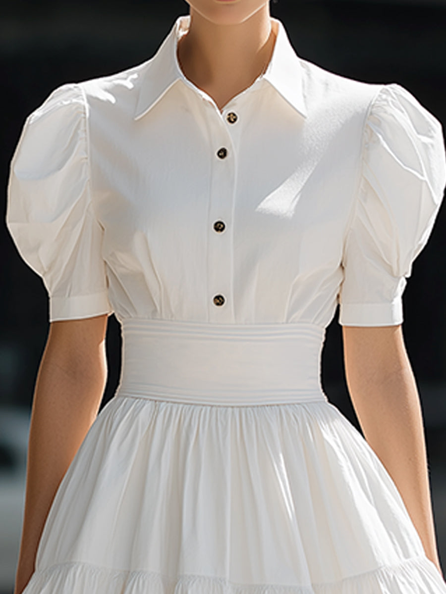 Anna-Berg | Puff Sleeve Button-Front Tiered A-Line Mini Dress