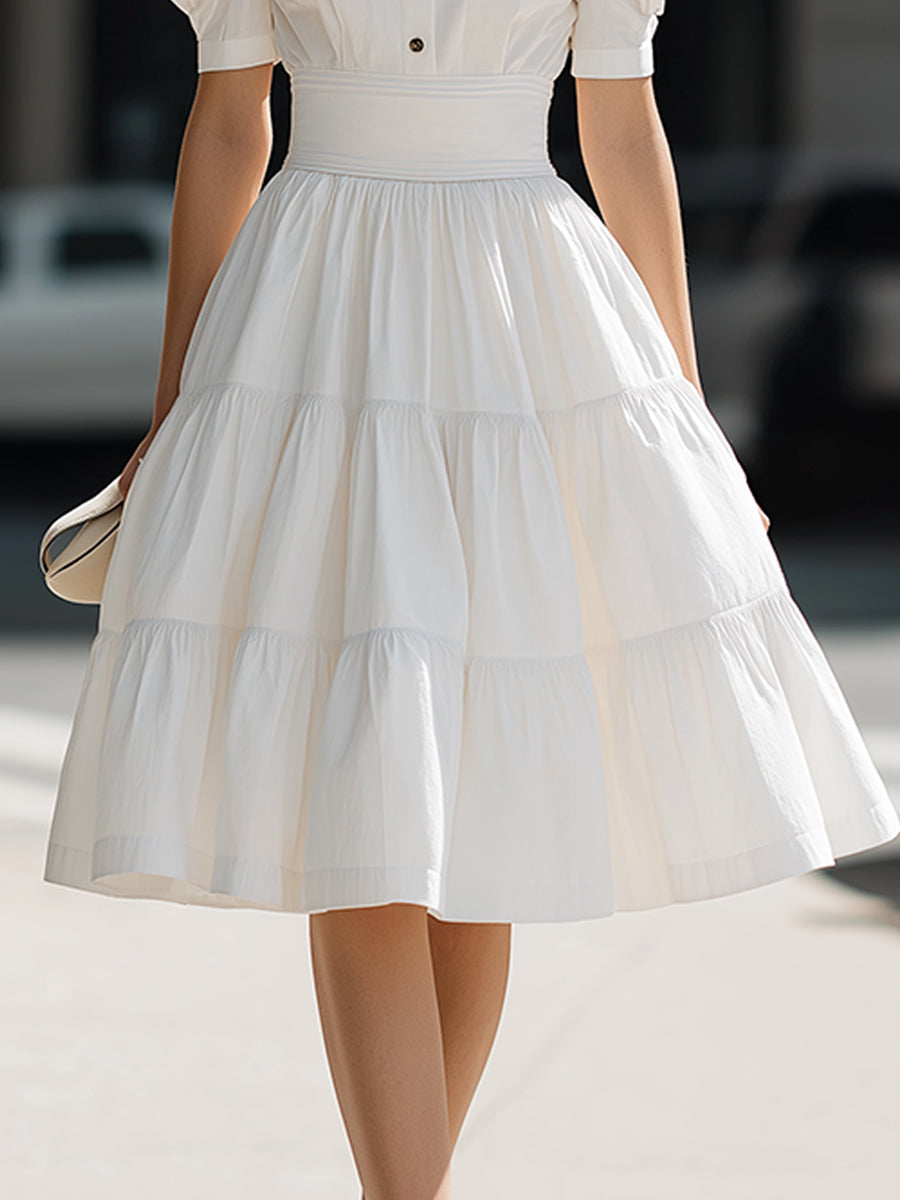 Anna-Berg | Puff Sleeve Button-Front Tiered A-Line Mini Dress