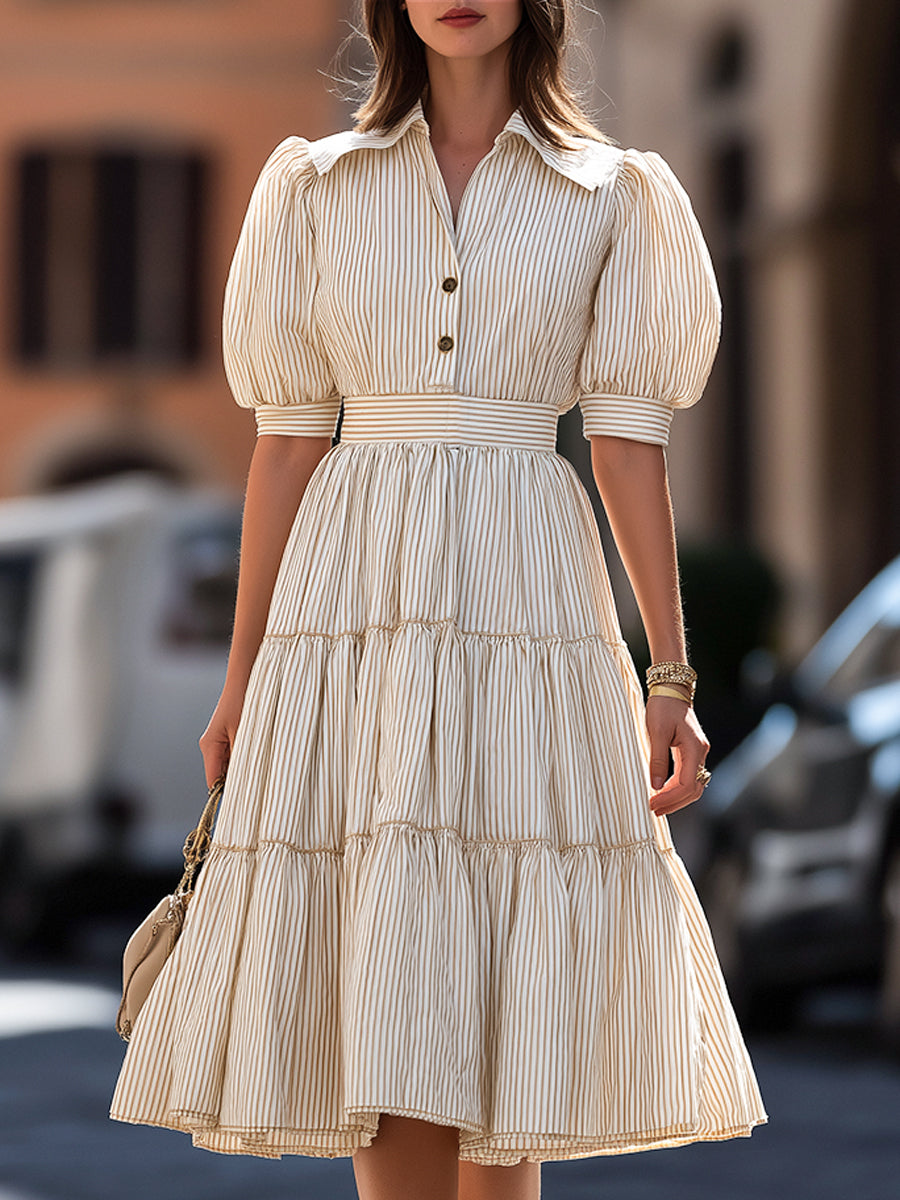 Anna-Berg | Striped Puff Sleeve Tiered A-Line Mini Dress