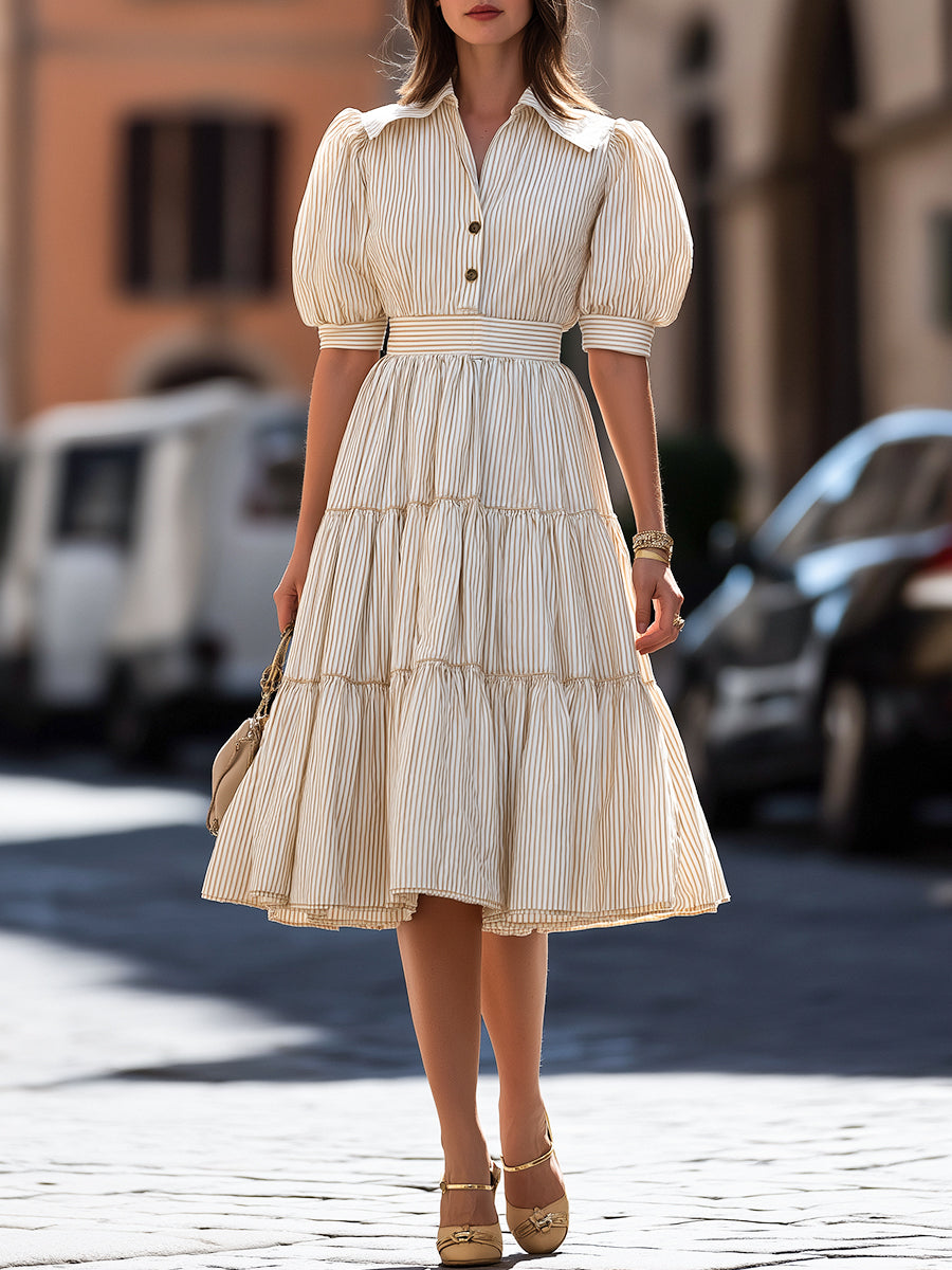 Anna-Berg | Striped Puff Sleeve Tiered A-Line Mini Dress