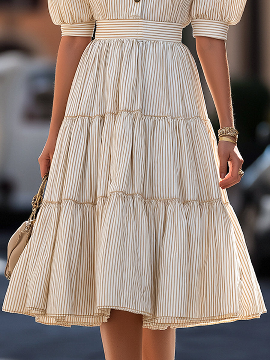 Anna-Berg | Striped Puff Sleeve Tiered A-Line Mini Dress