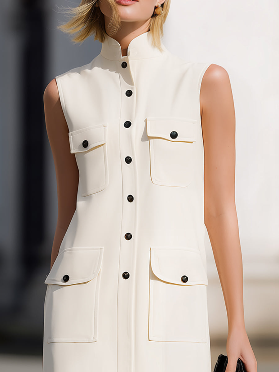 Anna-Berg | Sleeveless Stand Collar Button Down Dress