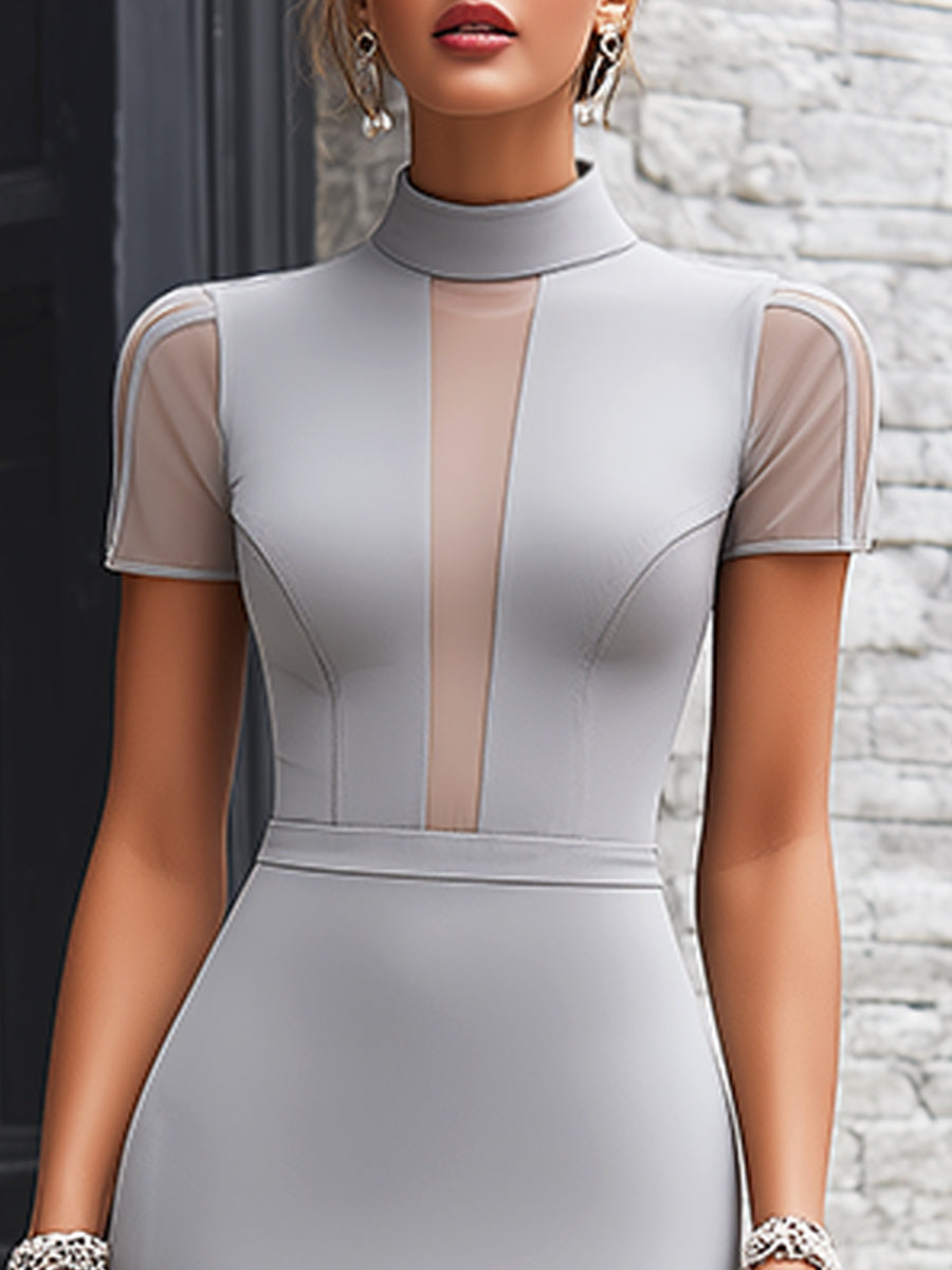 Anna-Berg | High Neck Sheer Panel Sculpted Pencil Midi Dress