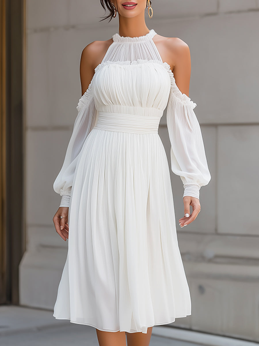 Anna-Berg | High Neck Pleated Cold-Shoulder Chiffon Midi Dress