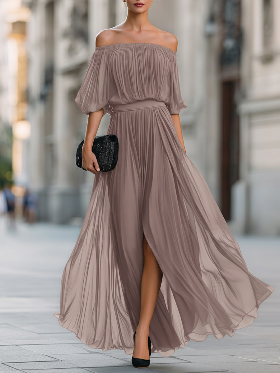 Anna-Berg | Off-Shoulder Pleated Chiffon Dress
