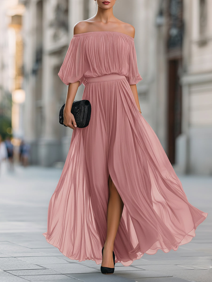 Anna-Berg | Off-Shoulder Pleated Chiffon Dress