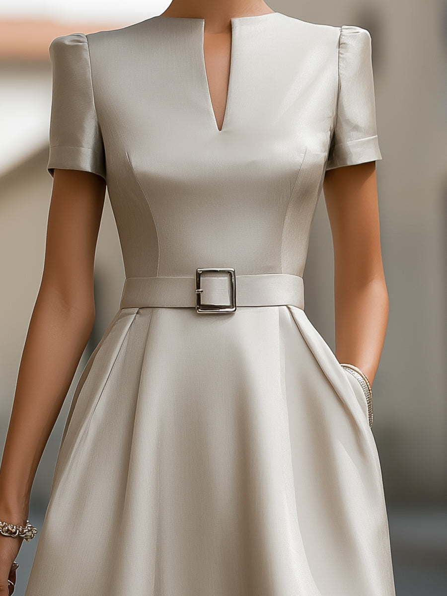 Anna-Berg | Elegant Neck Belted Satin Midi Dress