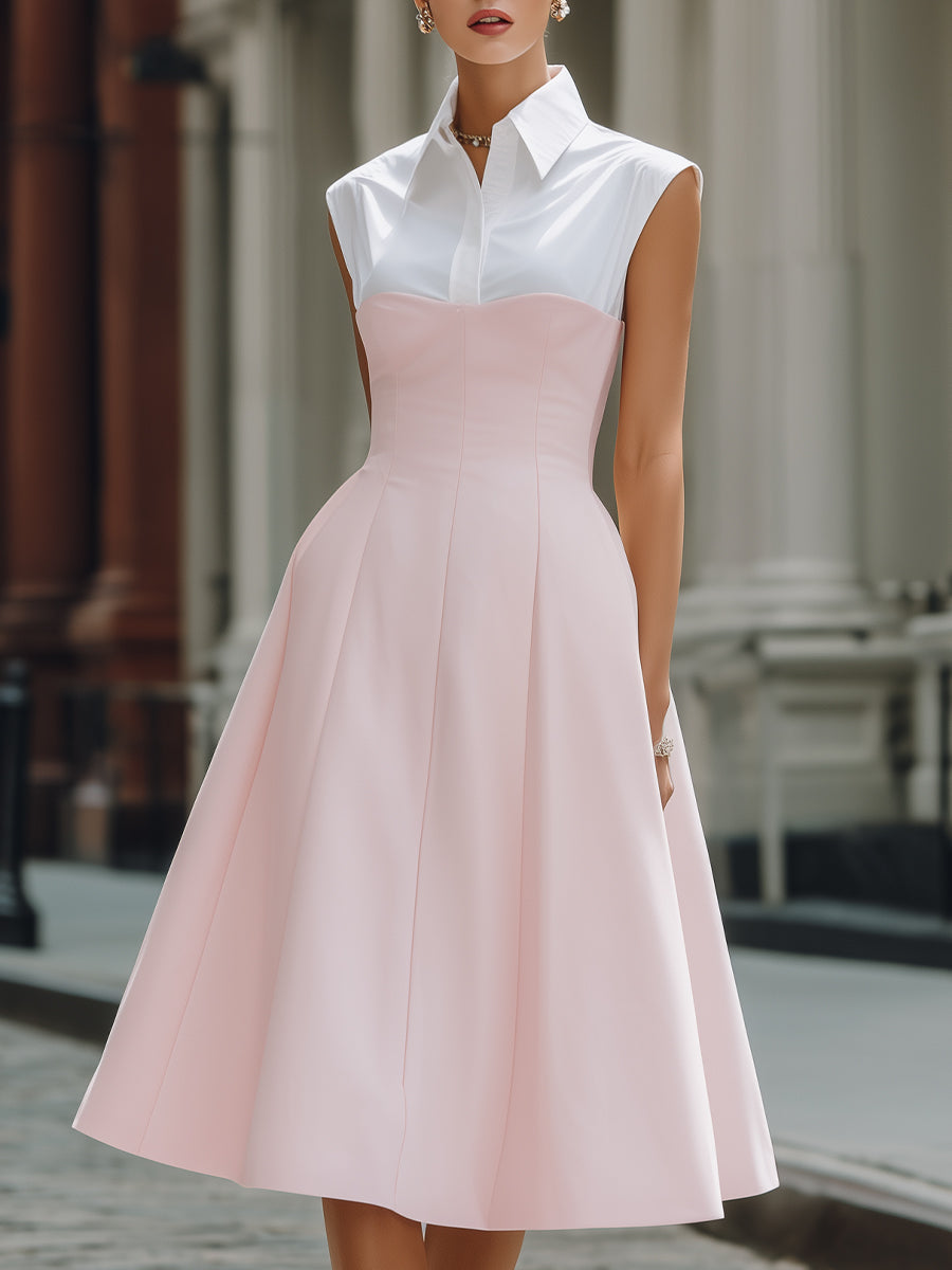 Anna-Berg | Structured Shirt-Collar Contrast Panel A-Line Midi Dress
