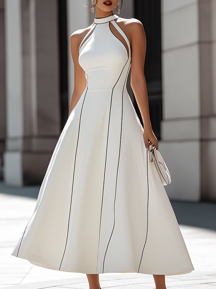Anna-Berg | Halter Neck Cutout Panel A-Line Midi Dress