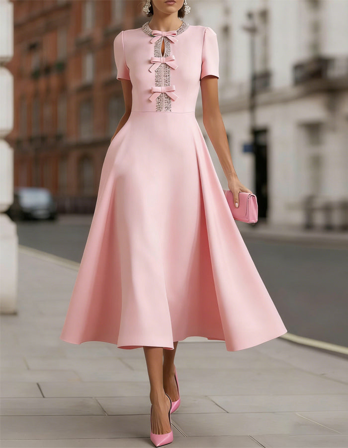 Anna-Berg | Pink Satin Rhinestone Bow Detail Dress