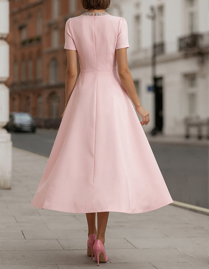 Anna-Berg | Pink Satin Rhinestone Bow Detail Dress