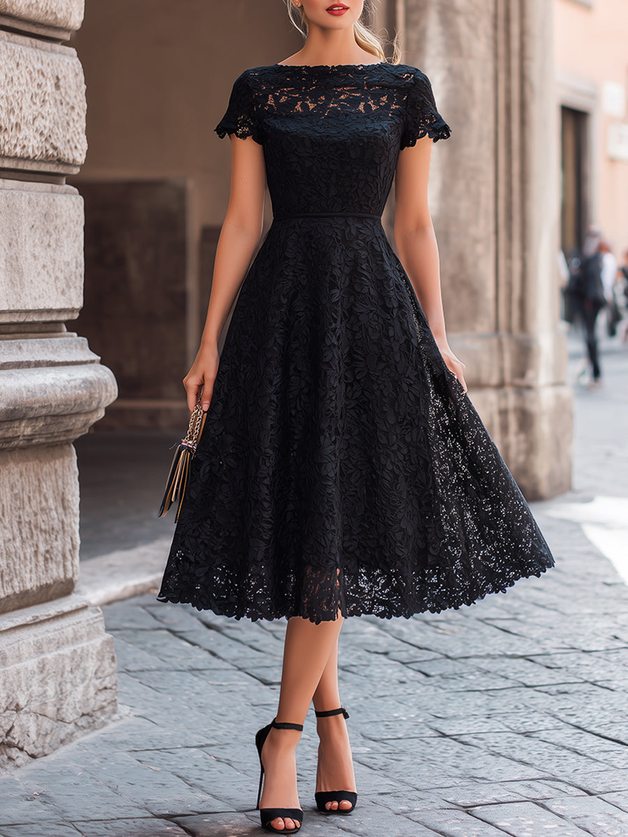 Anna-Berg | Elegant Floral Lace Boat Neck A-Line Midi Dress