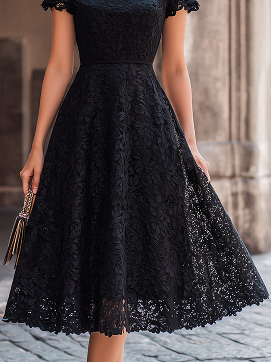 Anna-Berg | Elegant Floral Lace Boat Neck A-Line Midi Dress