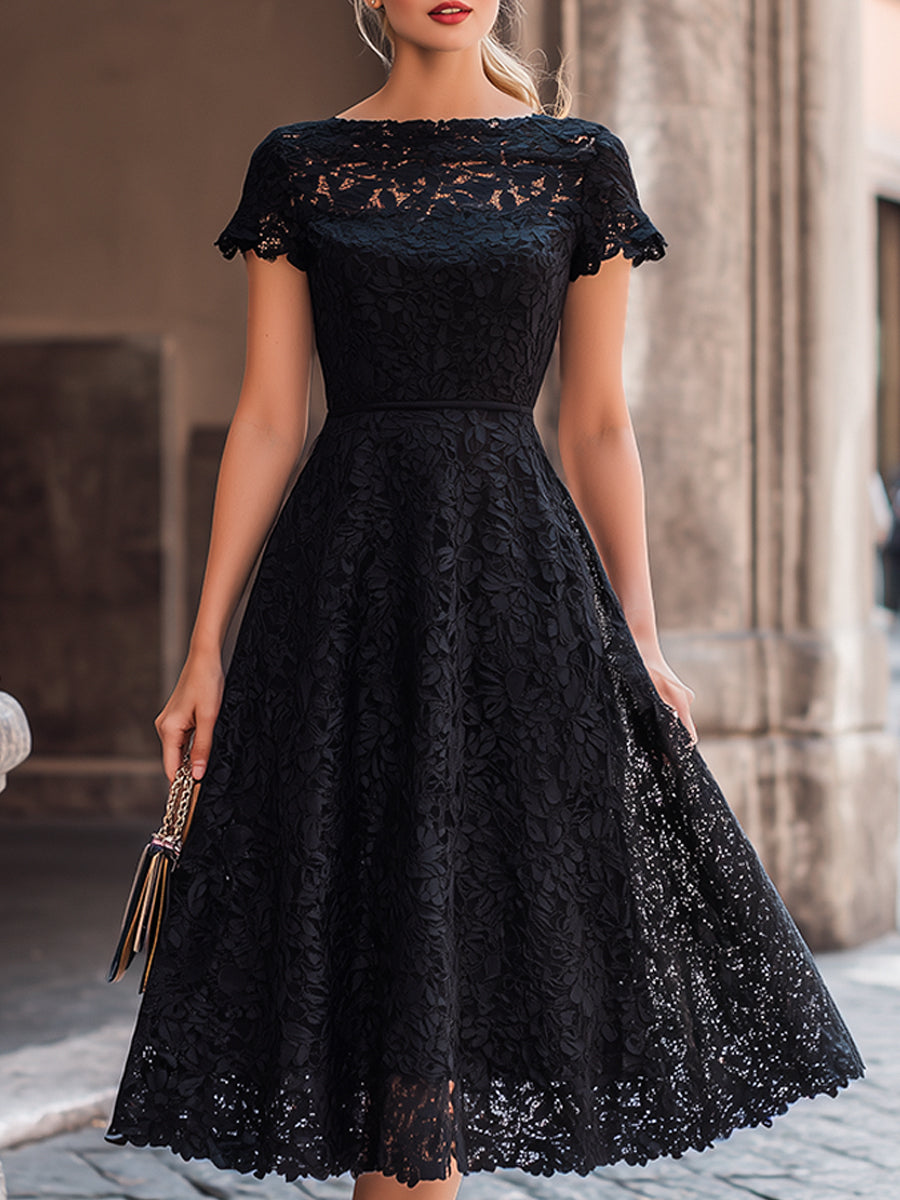 Anna-Berg | Elegant Floral Lace Boat Neck A-Line Midi Dress