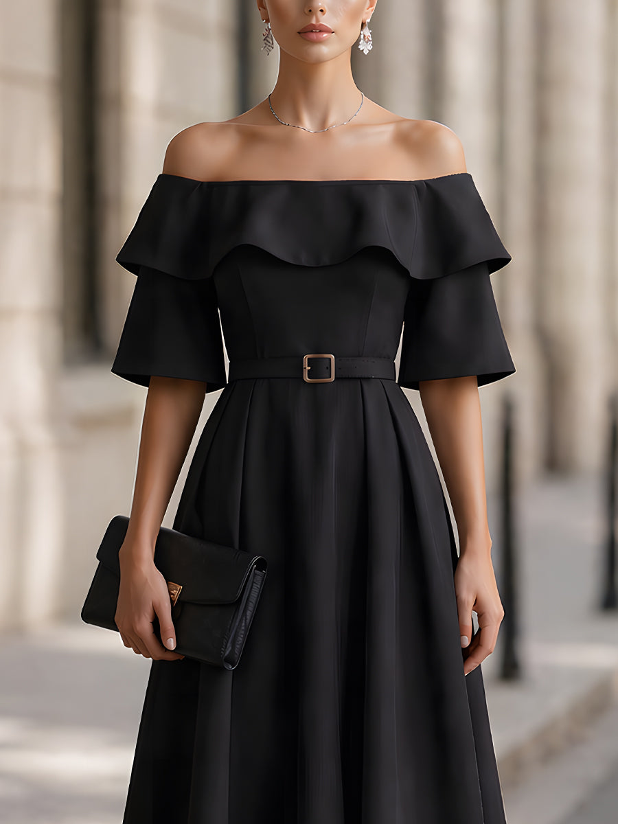 Anna-Berg | Off-Shoulder Belted Ruffle Sleeve A-Line Midi Dress