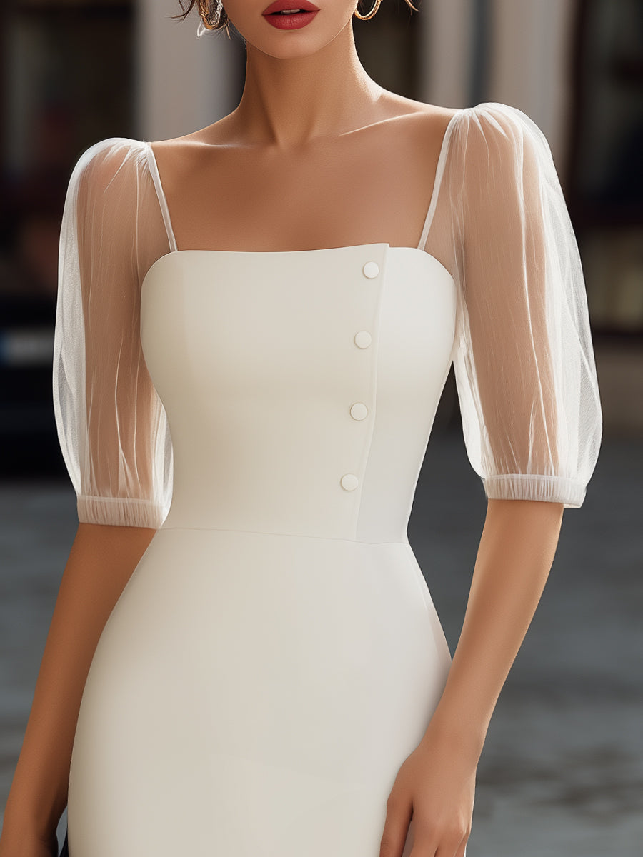 Anna-Berg | Sheer Sleeve Button-Detail Square-Neck Midi Dress