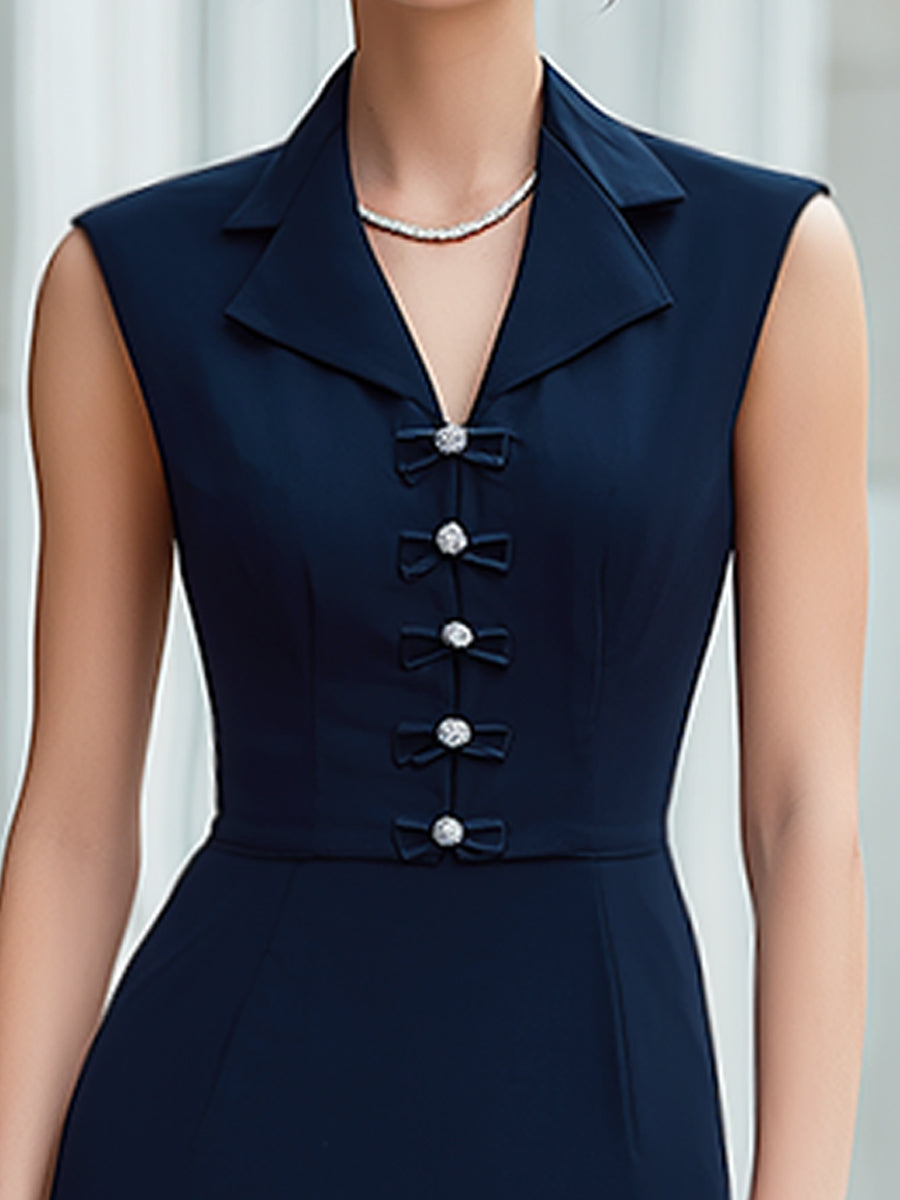 Anna-Berg | Notched Collar Bow-Button Sleeveless Tailored Pencil Midi Dress