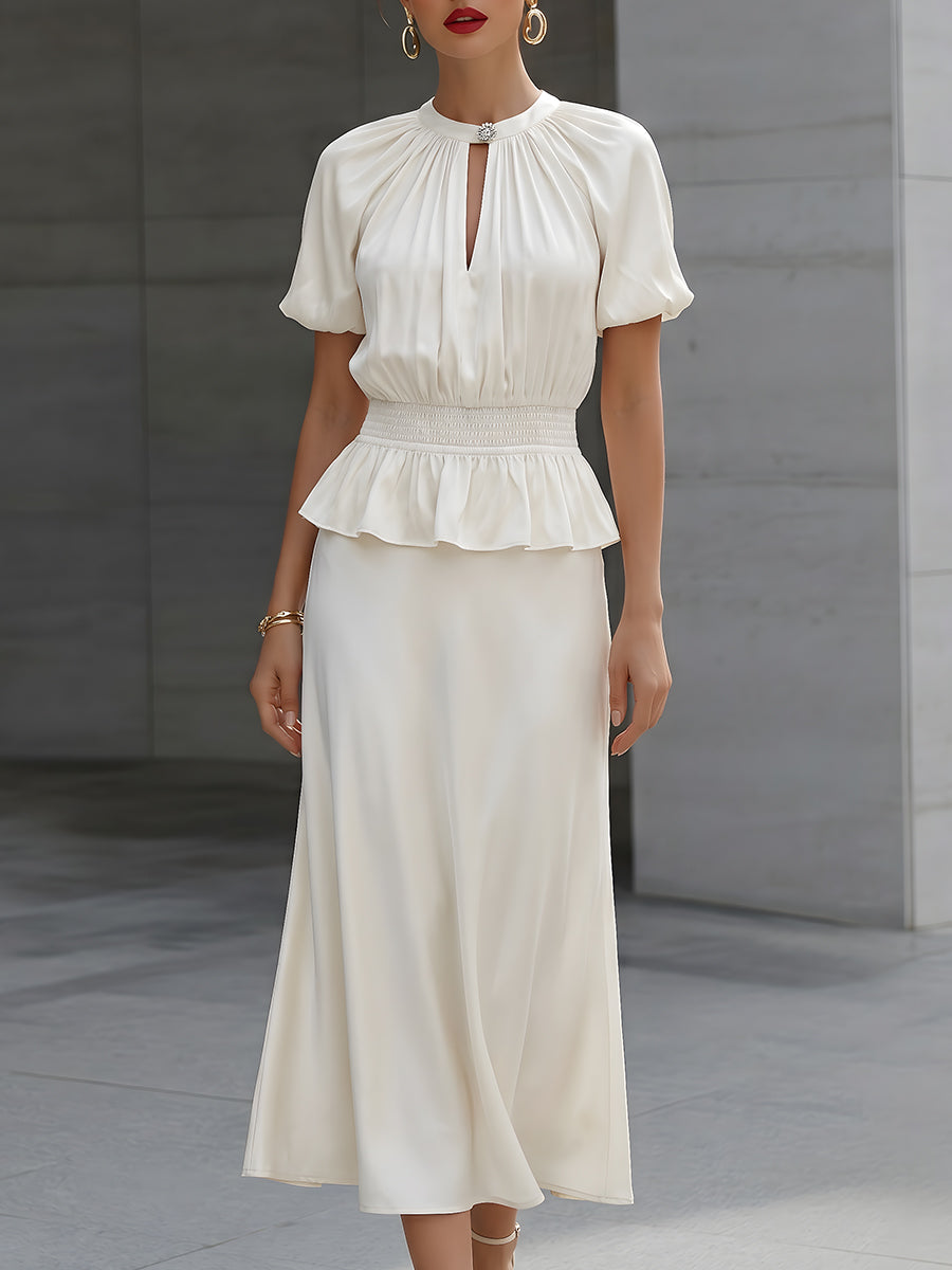 Anna-Berg | Satin Puff Sleeve Smocked Peplum Midi Dress