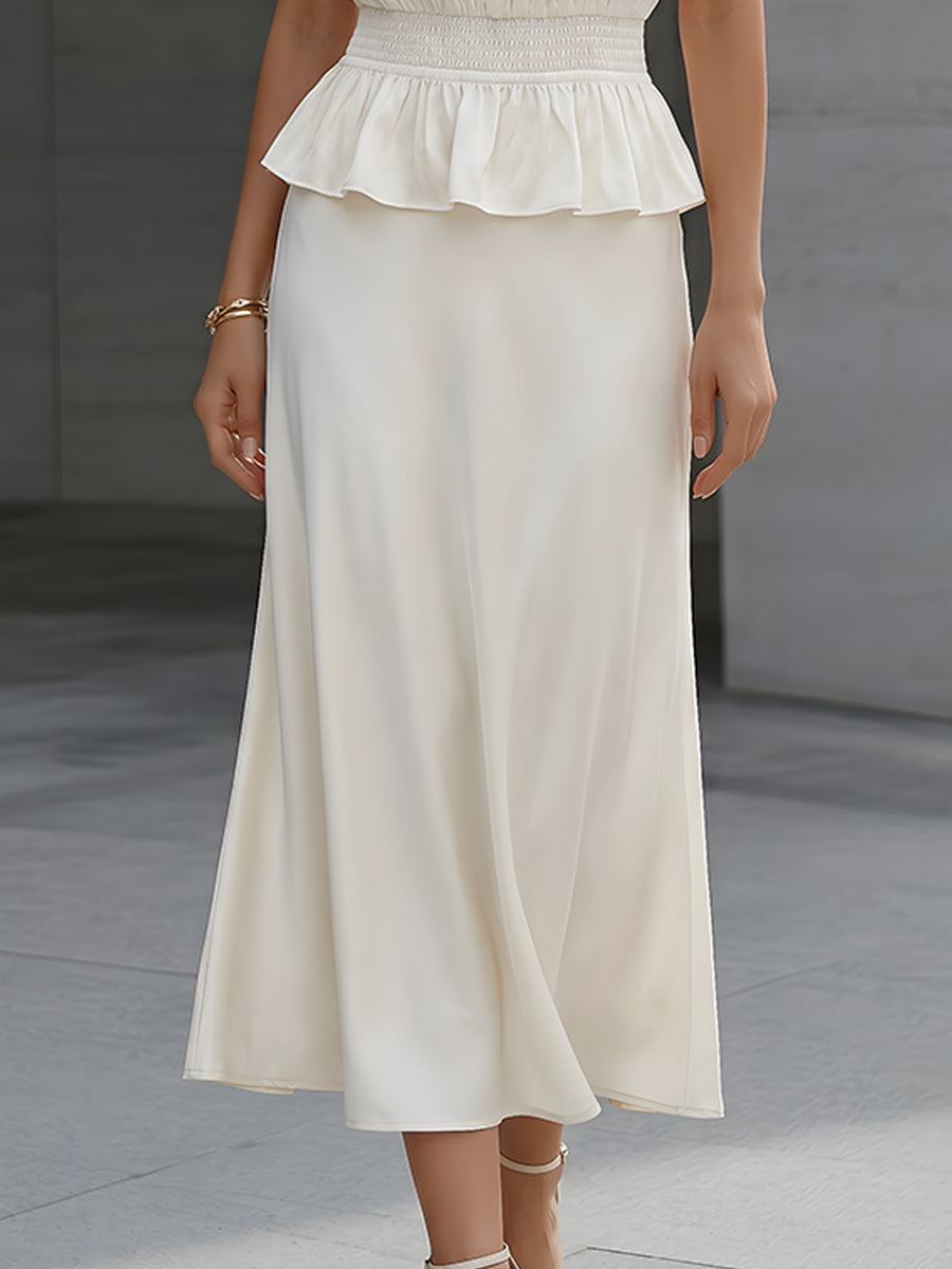 Anna-Berg | Satin Puff Sleeve Smocked Peplum Midi Dress