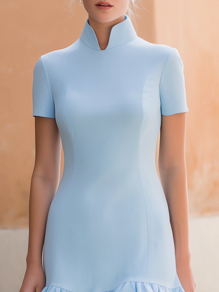 Anna-Berg | Stand-Up Collar Short-Sleeve Ruffle Hem Bodycon Mini Dress