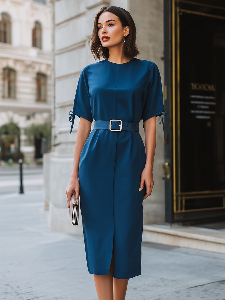 Anna-Berg | Structured Tie-Sleeve Belted Midi Dress