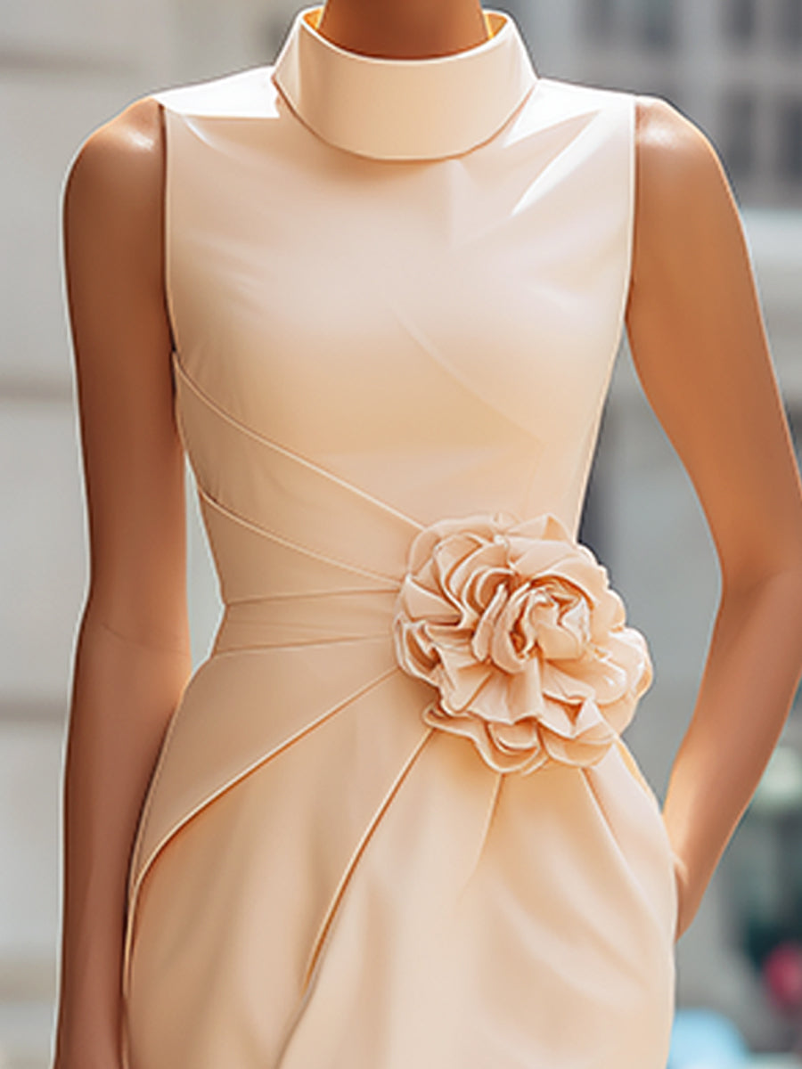 Anna-Berg | High-Neck Floral Waist Detail Sleeveless Draped Midi Dress