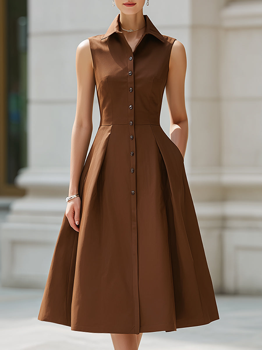 Anna-Berg | Sleeveless Button-Front Collared A-Line Midi Shirt Dress
