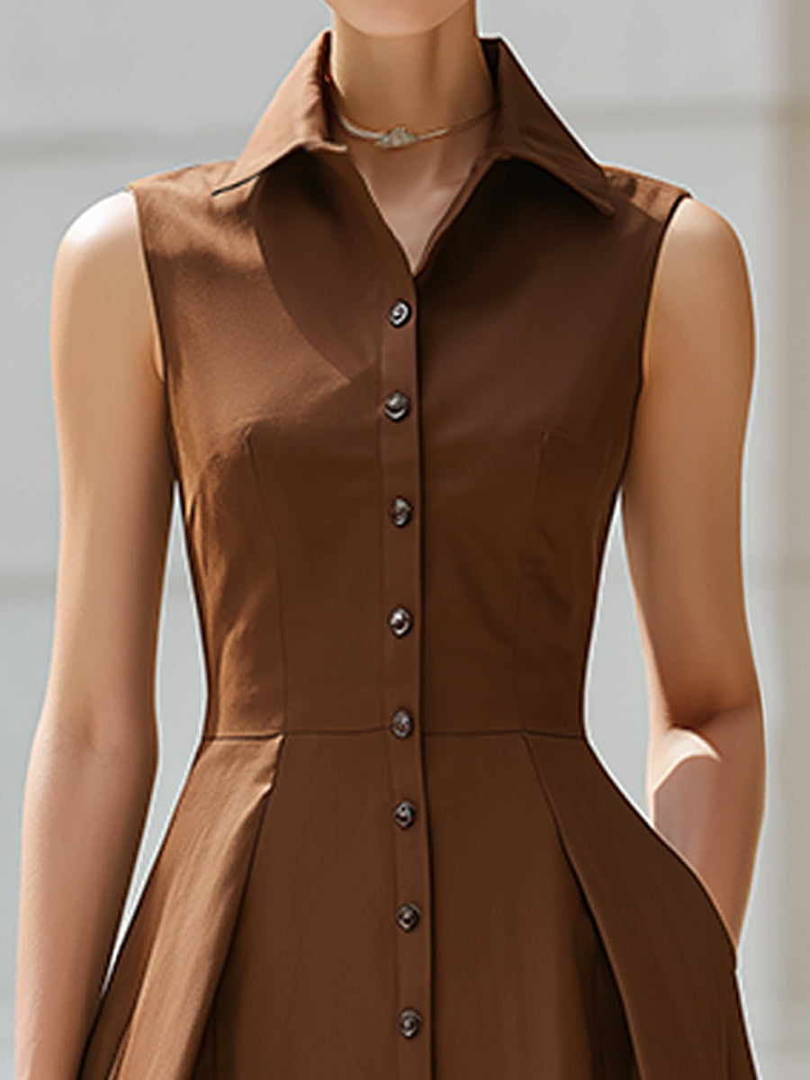 Anna-Berg | Sleeveless Button-Front Collared A-Line Midi Shirt Dress