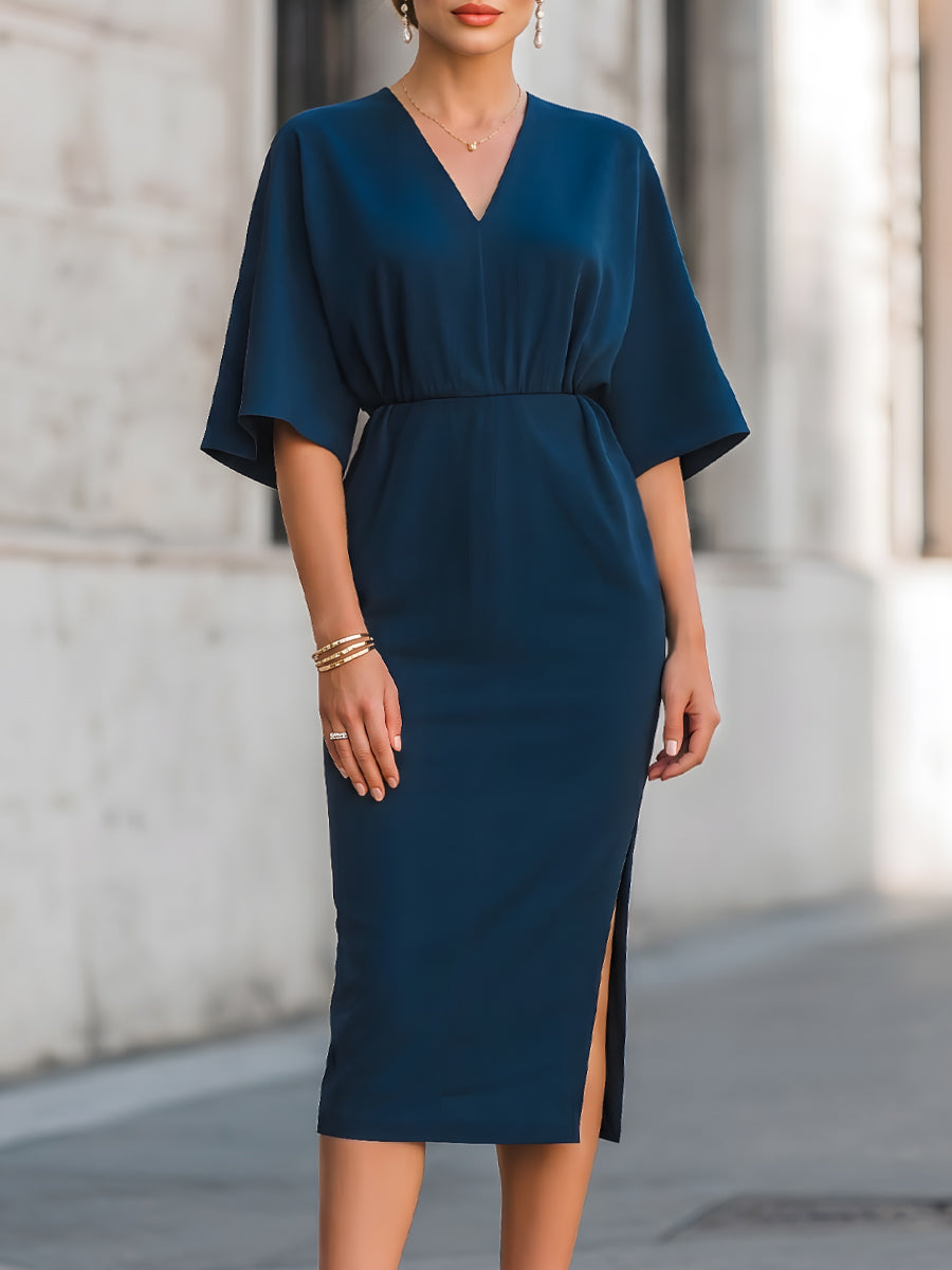 Anna-Berg | V-Neck Relaxed Sleeve Waist-Defined Midi Dress