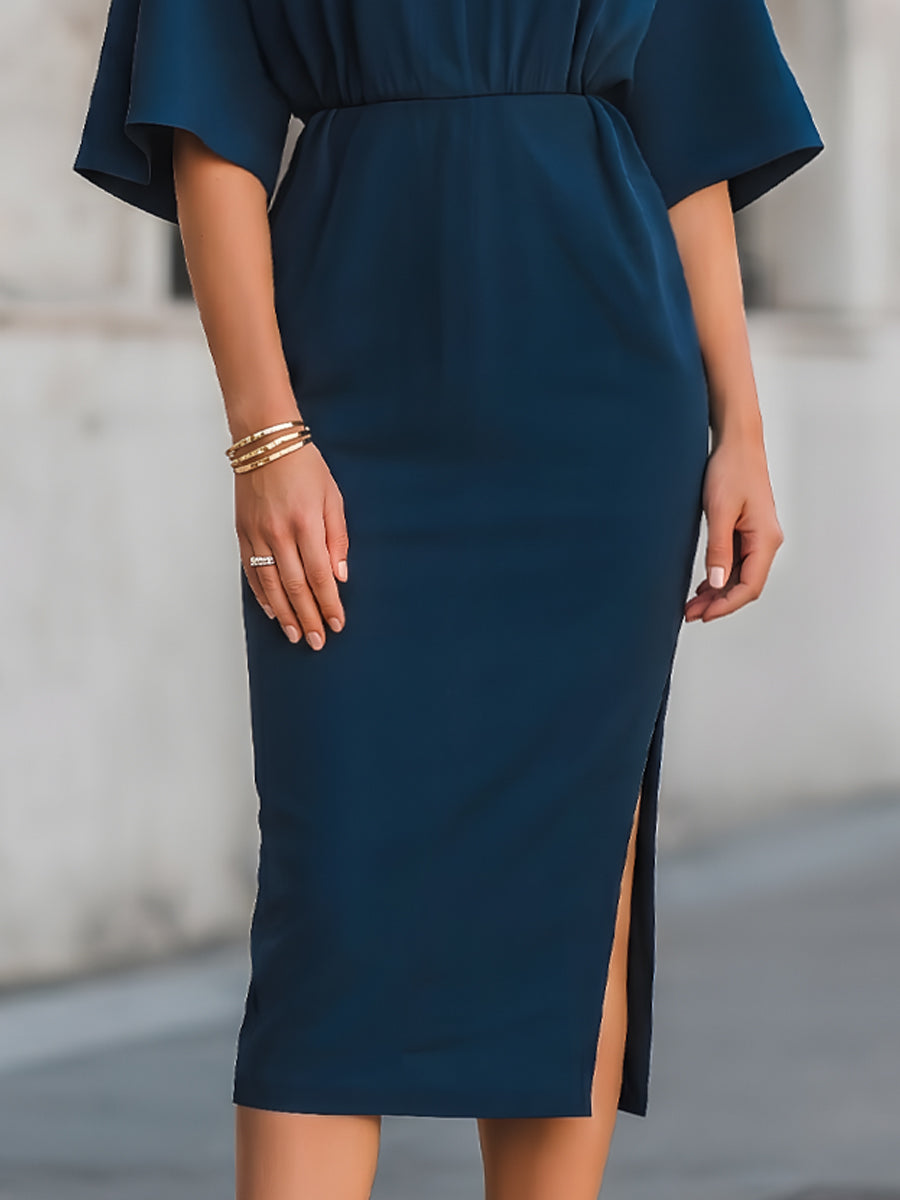 Anna-Berg | V-Neck Relaxed Sleeve Waist-Defined Midi Dress