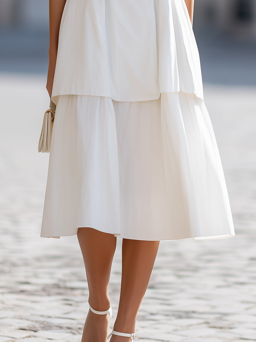 Anna-Berg | White Round Neck Sleeveless Tiered A-Line Midi Dress