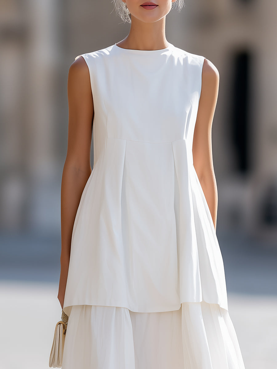 Anna-Berg | White Round Neck Sleeveless Tiered A-Line Midi Dress